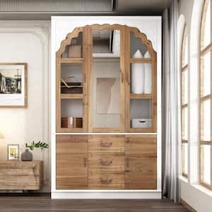 White and Brown Paint Finish Wood 45.7 in. W Bedroom Armoire in Victorian Style, Mirrored Doors, Hanging Rods, Drawer