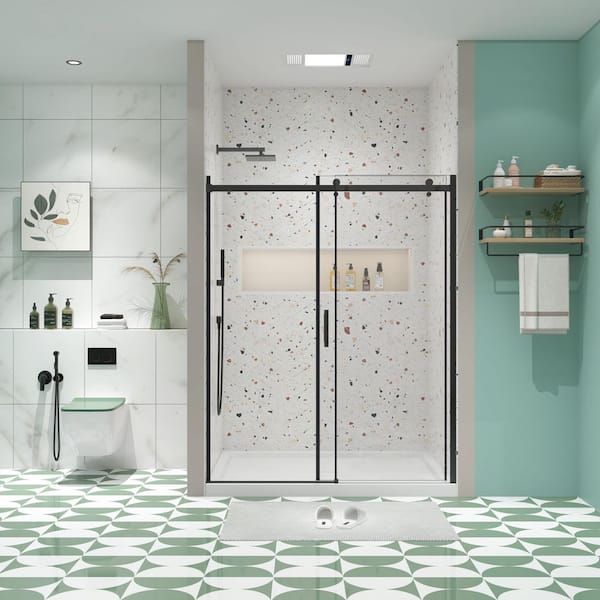 48 in. W x 74 in. H Sliding Semi-Frameless Shower Door in Matted Black Finish with Clear Glass
