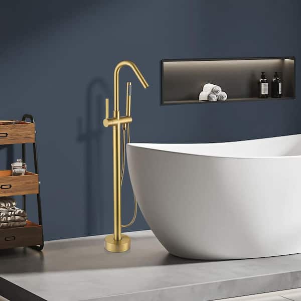 Single-Handle 43-3/4 in. Freestanding Tub Faucet with Handheld Shower in Brushed Brass