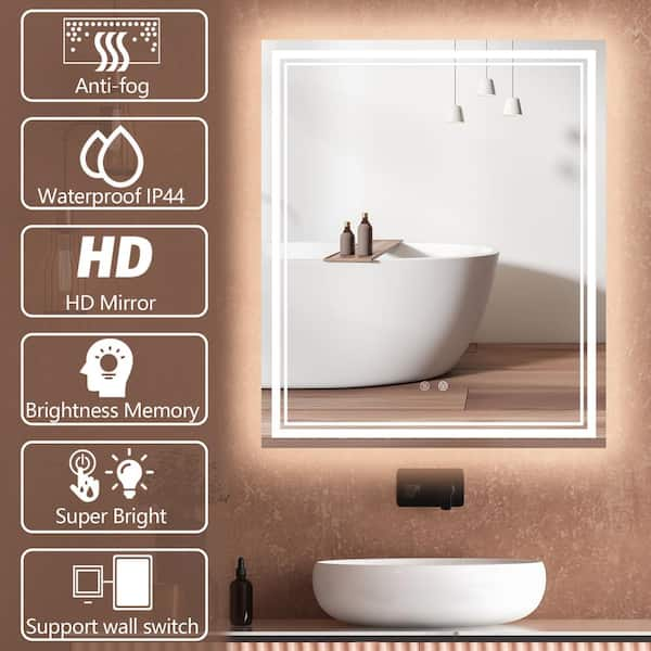 GETPRO 30 in. W x 36 in. H Large HD Rectangular Frameless Smart Touch Sencer Wall Mounted LED Bathroom Vanity Mirror in Silver