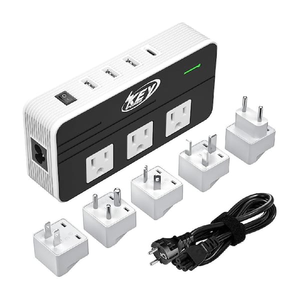 3-Outlet Power Strip Surge Protector Voltage Converter Travel Adapter with 3 USB-A Ports, 1 USB-C Port & 5 Plugs, White