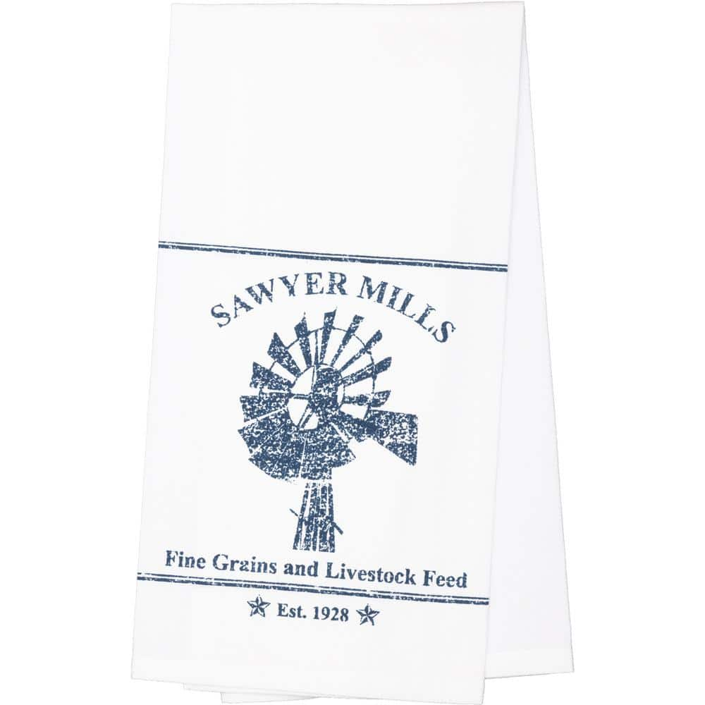 VHC Brands Sawyer Mill White Blue Windmill Cotton Muslin Bleached White Kitchen Tea Towel