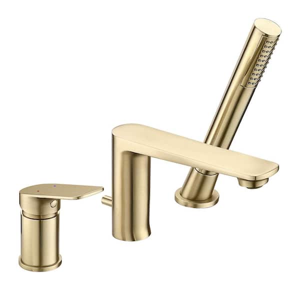 FLG Single-Handle Deck-Mount Roman Tub Faucet with Hand Shower Modern Brass Bathtub Filler with Valve in Brushed Gold