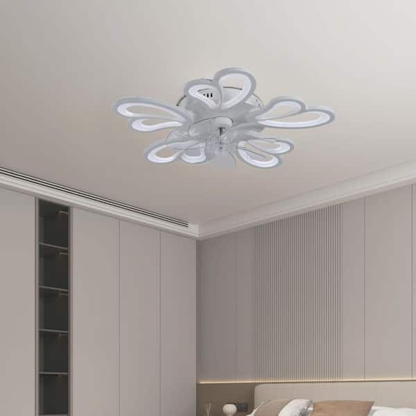22 in. Modern White LED Flush Mount Ceiling Fan with 5-Petal Design, 6 Speeds, 3 Color Modes, Remote