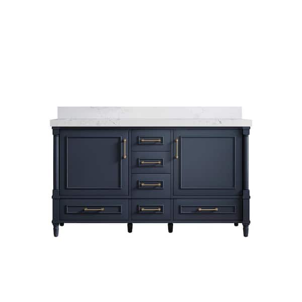 Willow Collections Hudson 60 in. W x 22 in. D x 36 in. H Double Sink Bath Vanity in Navy Blue with 2 in Empira Quartz Top