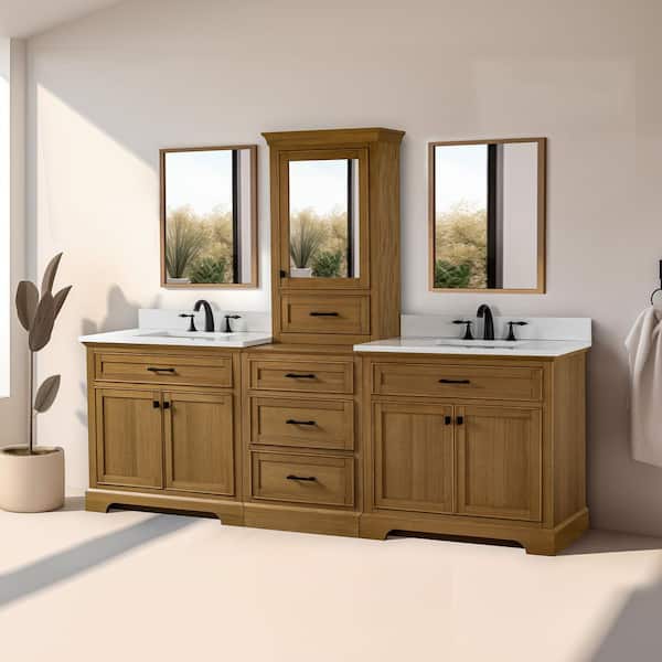 Milano 96 in Modular Double Sink Oak Bath Vanity with White QuartzTop (Unassembled)