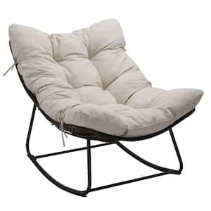 Metal Outdoor Rocking Chair with Beige Cushion, Miami Rocker Egg Chair for Front Porch, Garden, Patio, and Backyard