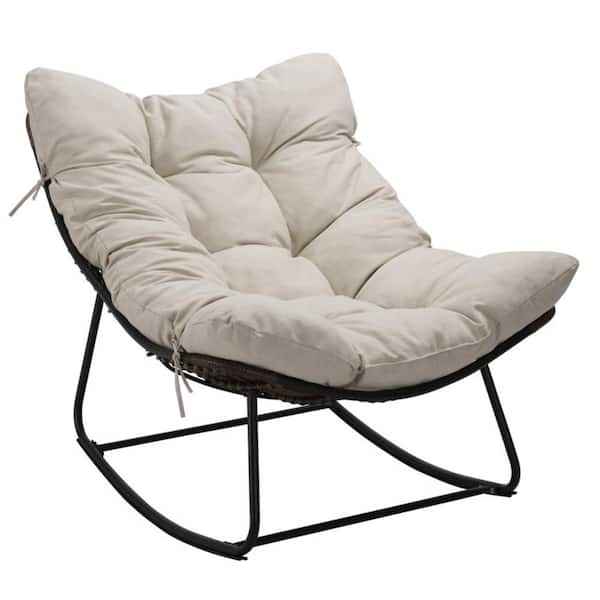 Unbranded Metal Outdoor Rocking Chair with Beige Cushion, Miami Rocker Egg Chair for Front Porch, Garden, Patio, and Backyard