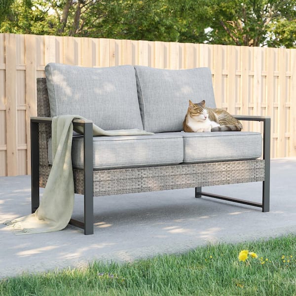 Loveseat Sofa All-Weather Patio Conversation Set Couch PE Rattan Gray Wicker with Linen Grey Cushion