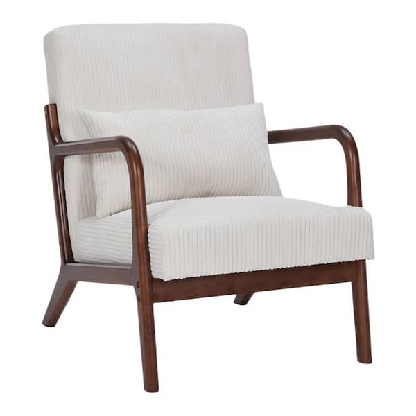 Brown Wood Outdoor Lounge Chair with Thick Beige Cushions