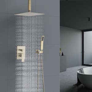1-Spray Ceiling Mount Square Rainfall Showerhead with Hand Shower and Tub and Faucet in Brushed Gold