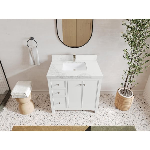 Willow Collections Chicago 36 in. Single Sink Freestanding White Bath Vanity with Calacatta Nuvo Qt. Top Unassembled