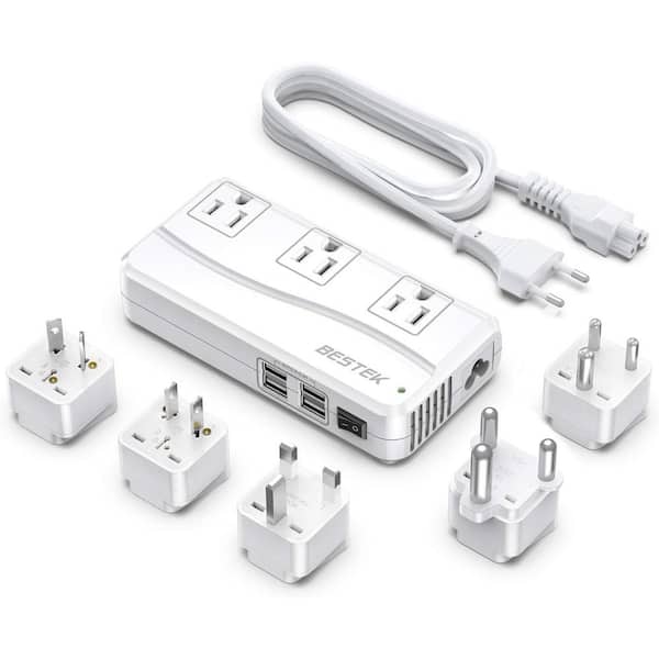 250W 220V to 110V Travel 2-to-3 Prong Adapter Voltage Converter with 3-Outlets and 4-Port USB and 5 Adapters in White