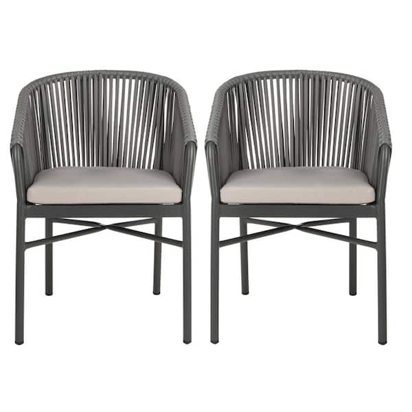 Safavieh Matteo Gray Stackable Aluminum Outdoor Dining Chair With Gray Cushions 2 Pack Pat4022a Set2 The Home Depot