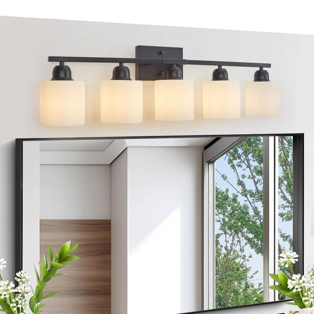 32 in. 5-Light Modern Black Bathroom Vanity Light Over Mirror, with Milky White Frosted Glass Shades(Bulbs Not Included) price history on PriceWatchPro