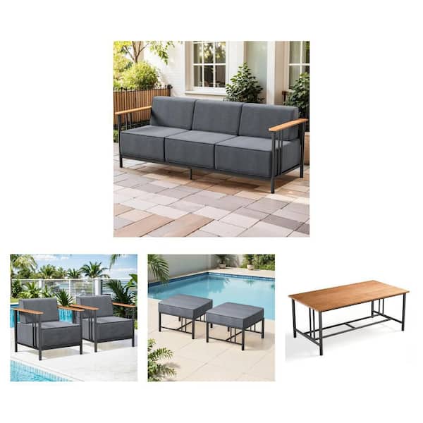 3-Seat Metal Outdoor Sofa, 2-Piece Lounge Chair, Ottoman (2-Pack) and Coffee Table Combo