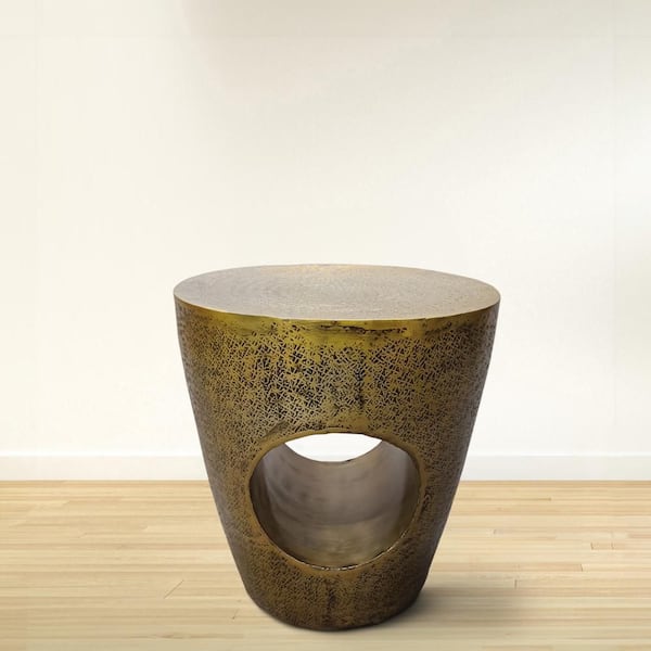 THE URBAN PORT Nala 15.5 in. Antique Brass Round Drum Metal Side End Table with Unique Hollow Center