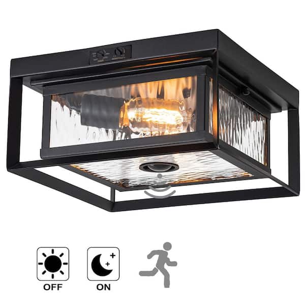 11 in. 2-Light Black Motion Sensing Non-Dimmable Outdoor No Bulb Included Flush Mount Ceiling Light (1-Pack)