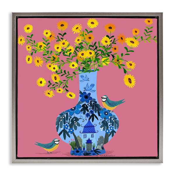 Stupell Industries Ornate Vase with Daisies by Kay Widdowson Gray Floater Frame Nature Graphic Art Print 25 in. x 25 in.