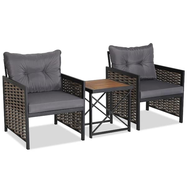 Gymax 3-Pieces Wicker Patio Conversation Set Acacia Wood Coffee Table and 2 Chairs with Grey Cushions