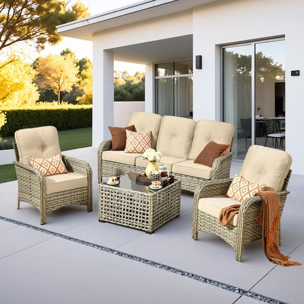 Vera 4-Piece Wicker Patio Conversation Seating Sofa Set with Beige Cushions and a Led Table