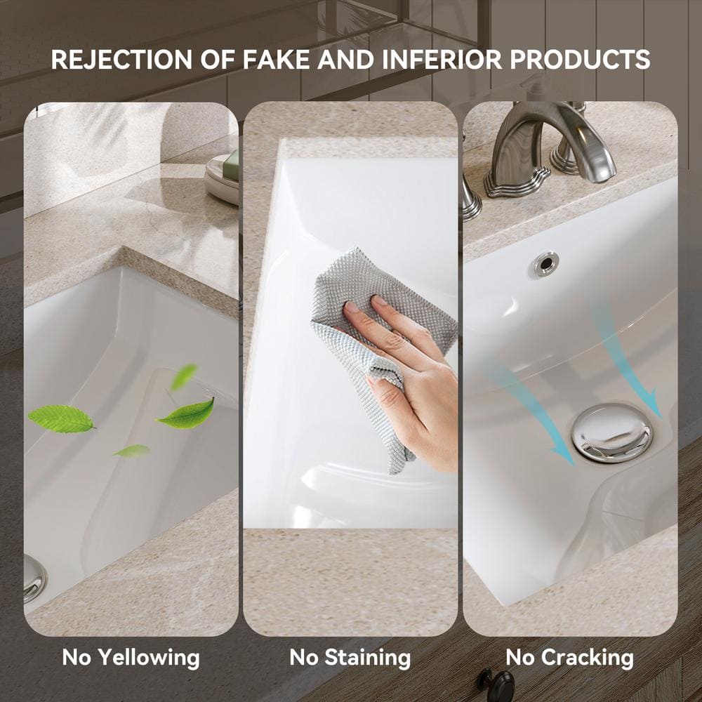 White Rectangular Ceramic Undermount Bathroom Sink with Overflow Hole