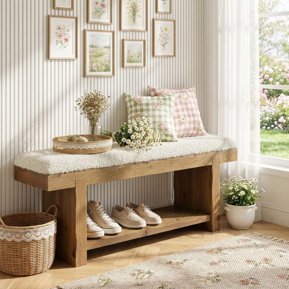 Ashford 47.24 in. Brown Upholstered Entryway Bench with Storage Shelf, Indoor Dining Hall Bench, Easy Assembly