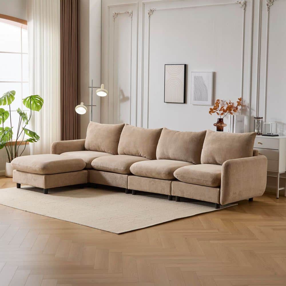 Windsor 130 in. Modern 5-Seater Polyester Fabric Upholstered Wood Modular Sectional Sofa with Ottoman in. Brown