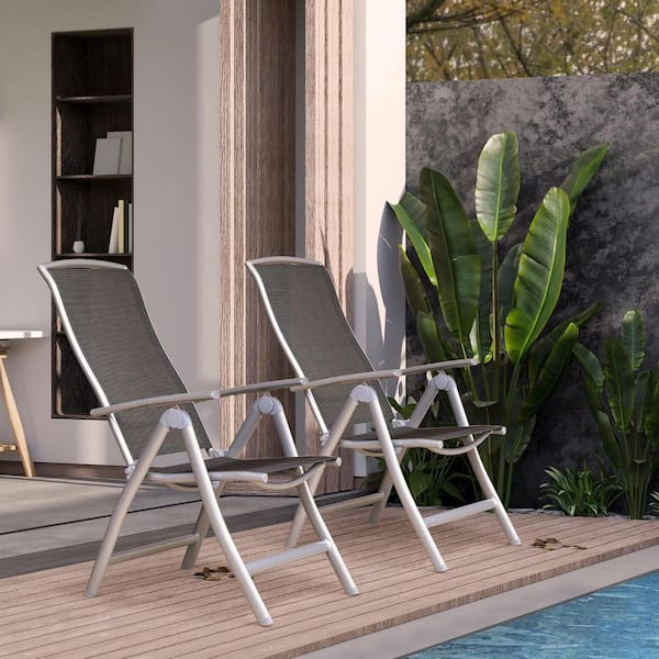 2-Piece Outdoor Folding Lawn Chairs, 7-Position Adjustable High Backrest Patio Reclining Chairs, Silver Aluminum Frame