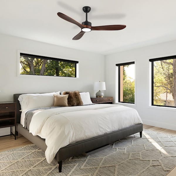 52 in. Black 6-Speed Reversible DC Motor Ceiling Fan with Light, 3 Solid Wood Blades