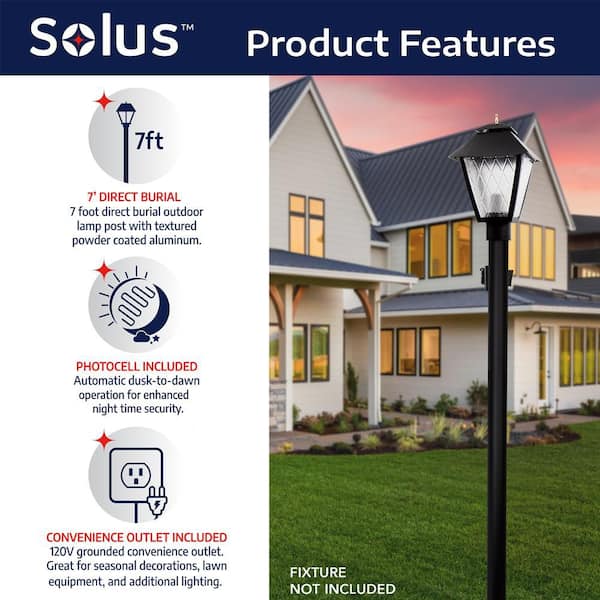 7 ft. Black Outdoor Direct Burial Lamp Post with Convenience Outlet and Dusk to Dawn Photo Sensor fits 3 in. Post Top 7 ft. Black Outdoor Direct Burial Lamp Post with Convenience Outlet and Dusk to Dawn Photo Sensor fits 3 in. Post Top