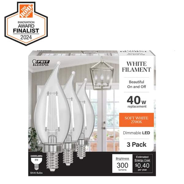 40W Equivalent BA10 E12 Candelabra Dim White Filament Clear Glass Chandelier LED Light Bulb Soft White 2700K (3-Pack)