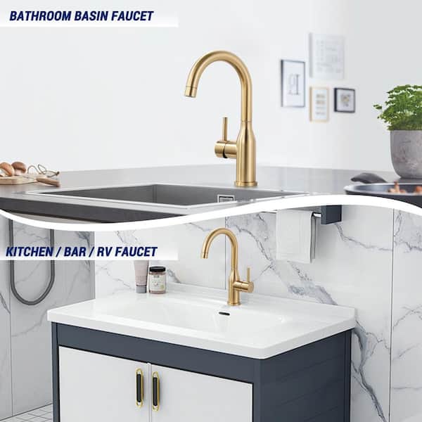 Deck Mount Single Handle Single Hole Bar Faucet with 360° Swivel Spout and Supply Lines in Brushed Gold