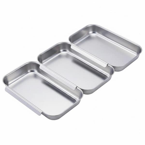 Silver Stainless Steel Kitchen Breading Tray Set with Interlocking Design and Easy Clean for Cooking and Serving, 3Pcs