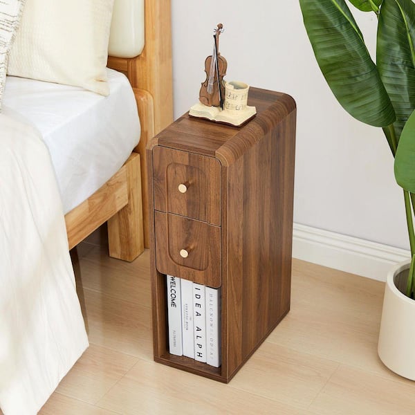 ATHMILE Vertical Single Walnut 2-Drawer 13.77 in. W Nightstand