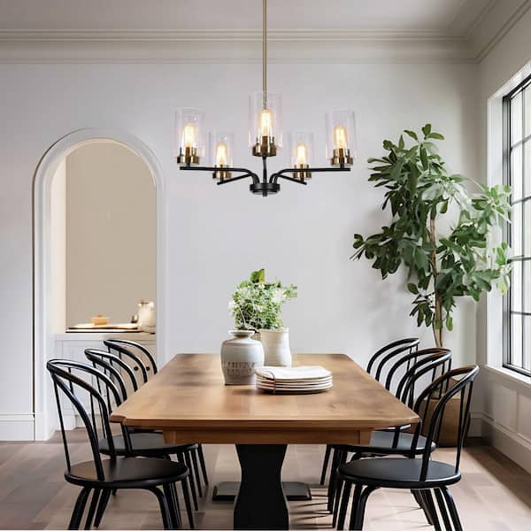 Modern 24 in. 5-Light Black Pendant Island Light, Adjustable Brass Gold Chandelier with Seeded Glass for Dining Room