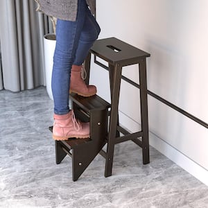 Brown 3-Tier Folding Step Stool 3-in-1-Rubber Wood Ladder Storage Shelf