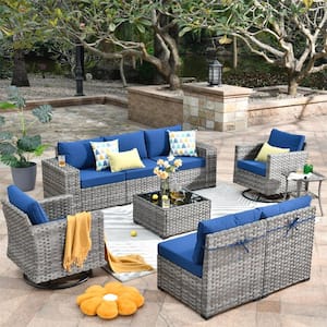 Tahoe Grey 9-Piece Wicker Outdoor Patio Conversation Sofa Set with Swivel Rocking Chairs and Navy Blue Cushions