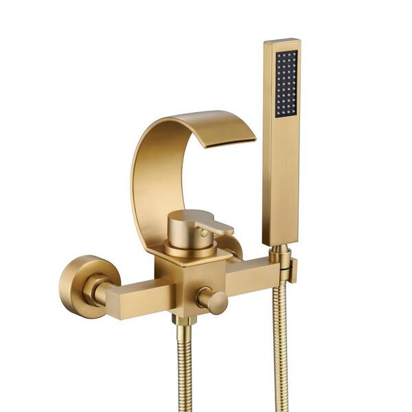 Mondawe Luxury C Single Handle Tub Kit 2-Spray Waterfall Tub Spout and Handheld Wall Mounted in Brushed Gold Valve Included