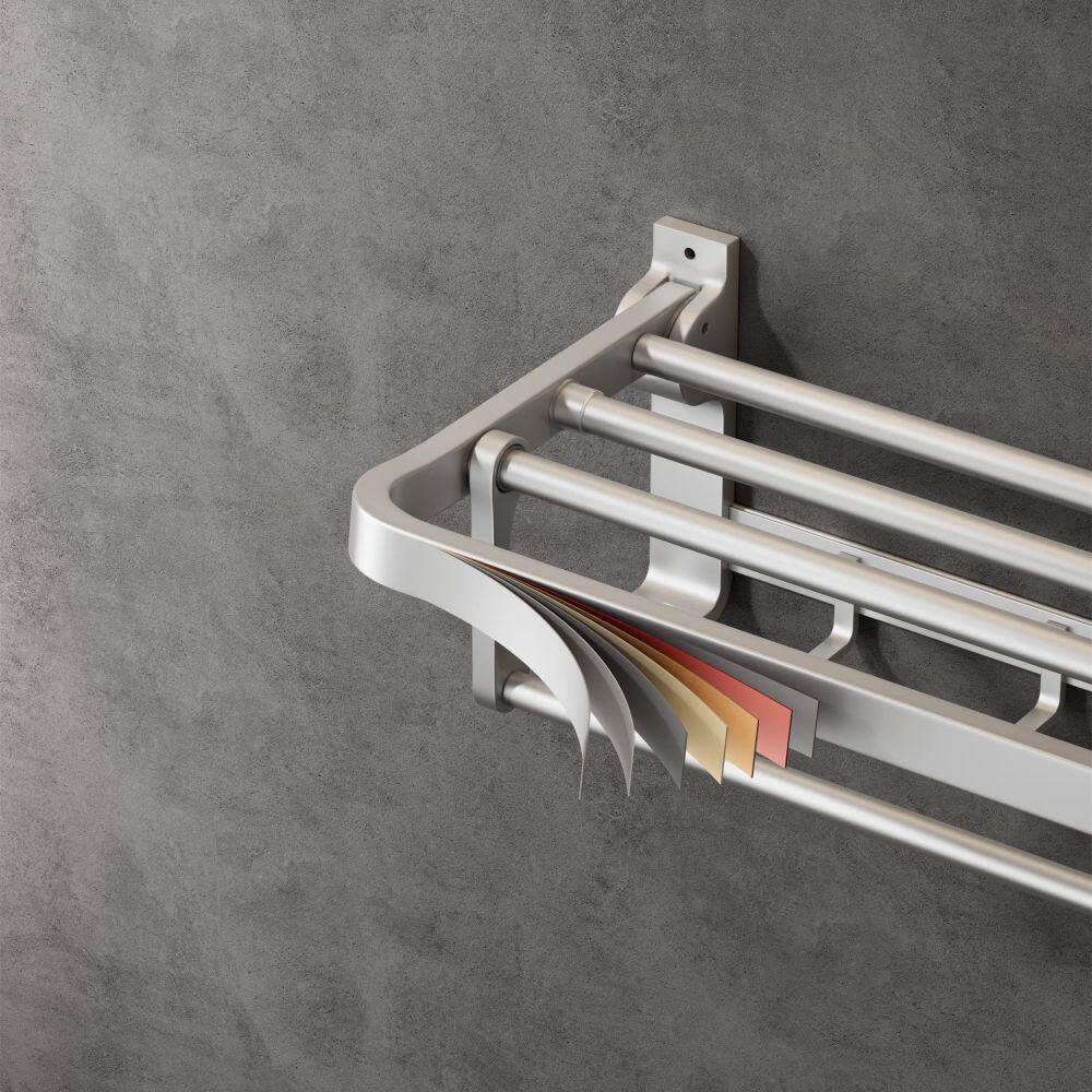 Silver Wall-Mounted Foldable Towel Rack with Hooks
