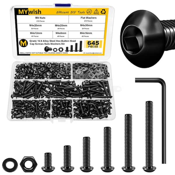 MYWISH 645-Piece M4 Screw Metric Screw Assortment Kit, 10.9 Grade Alloy Steel M4 Bolts, Button Head Socket Cap Metric Screws