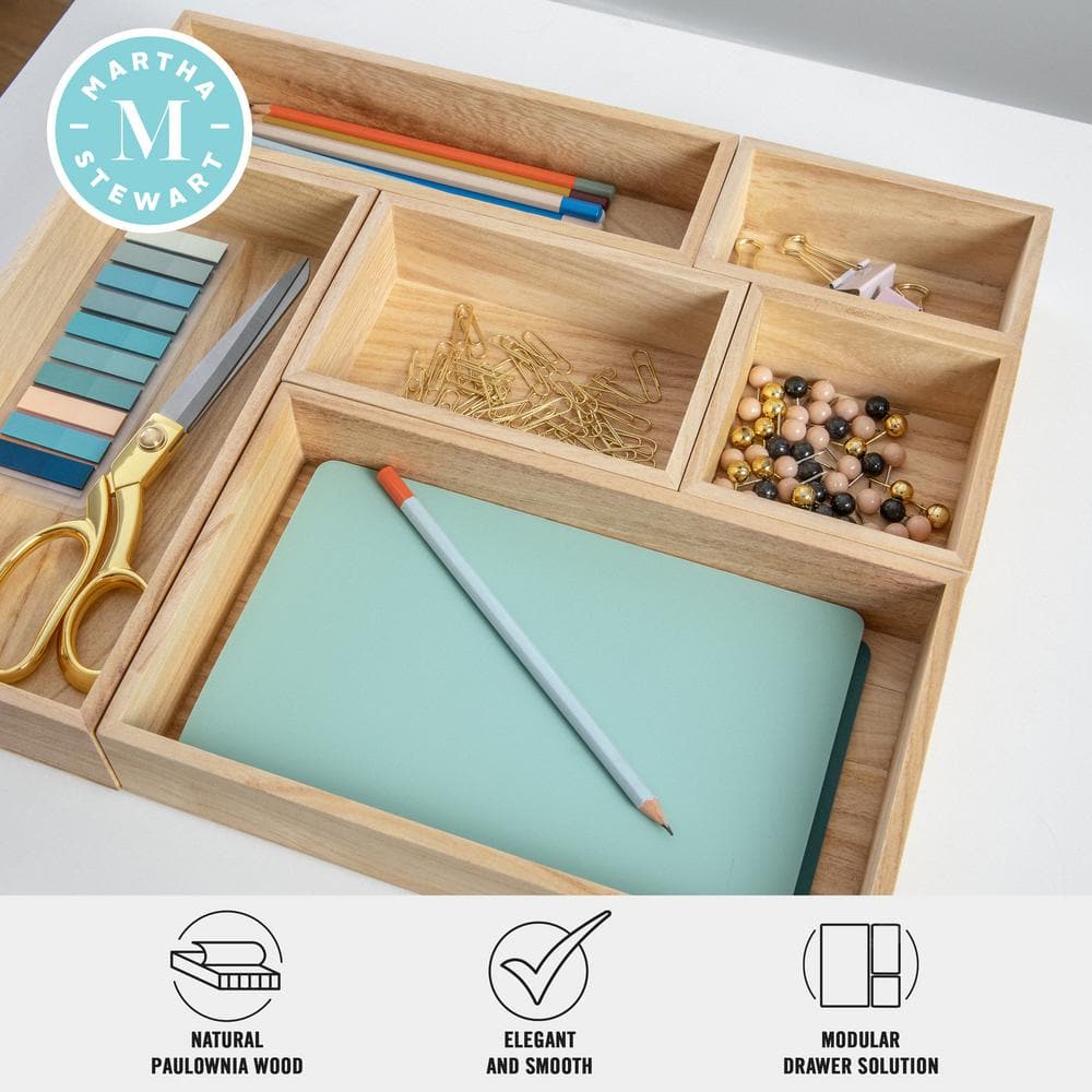 Light Natural 6-Piece Paulownia Wood Desk Drawer Organizer Set