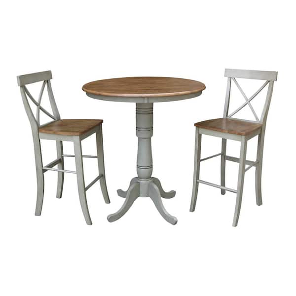 International Concepts Hampton 3-Piece 36 in. Hickory/Stone Round Solid Wood Bar Height Dining Set with X-Back Stools