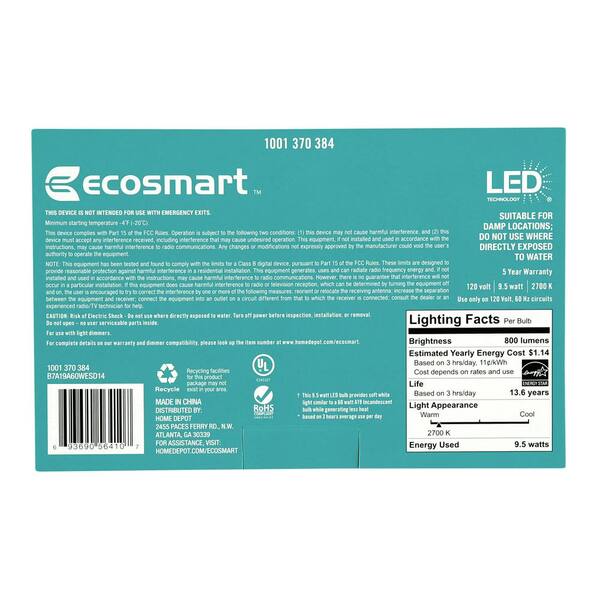EcoSmart 60 Watt Equivalent A19 Dimmable Energy Star LED Light Bulb Soft White 48 Pack