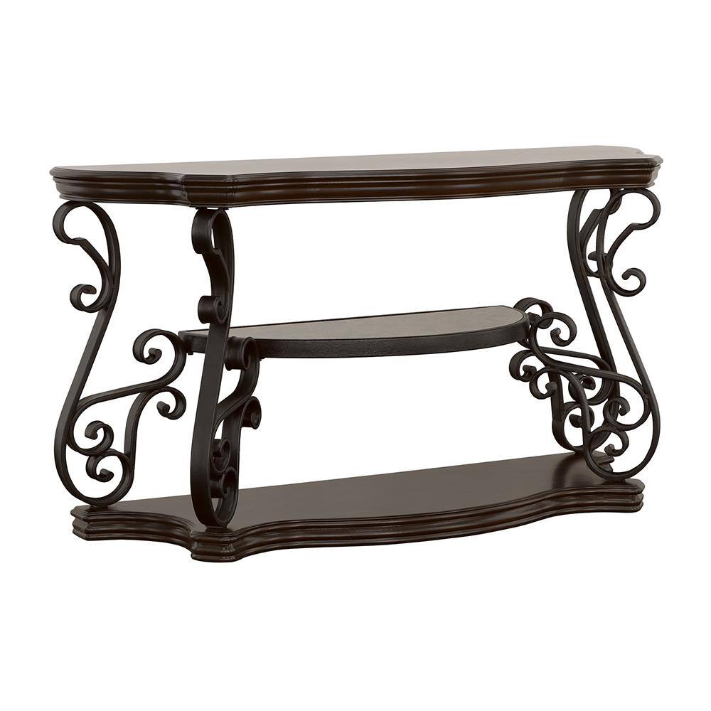 Transitional Black Demilune Sofa Table with Glass Top and Ornate Metal Scrollwork