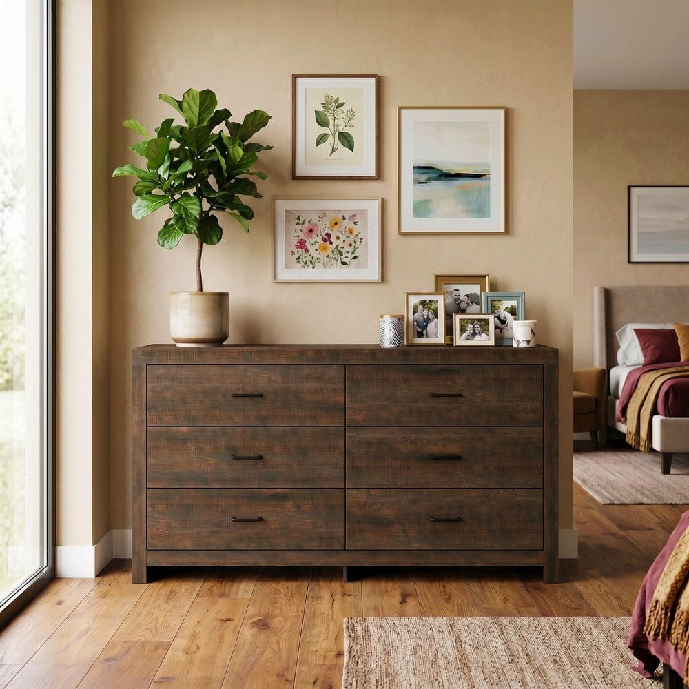 wood brown dresser for bedroom Kingdely Finish 6-Drawer 63 in. x 15.7 in. x 33.1 in. Dresser, Wooden Chest of Drawers Y-THD-200259-02 beach bride dress Mermaid plus size outfit ideas the deep Color/Print Name:Pink Aster The Casbah Allover