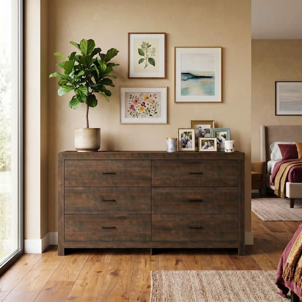 brown 6 drawer wood dresser Kingdely Finish 6-Drawer 63 in. x 15.7 in. x 33.1 in. Dresser, Wooden Chest of Drawers for Bedroom Y-THD-200259-02 Color:Z_purple 159x48x81 cm colourway-darby Black lace dress, adorned