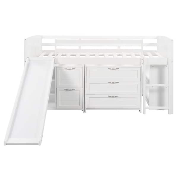 URTR 41.5 in. W White Low Twin Size Loft Bed with Cabinets and Shelves, Ladder and Slide, Safety Bed Rails, Pinewood