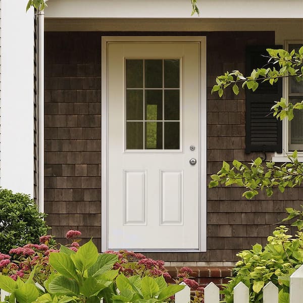 32 in. x 80 in. Premium 9 Lite Left Hand Inswing Primed Smooth Fiberglass Prehung Front Door with Brickmold