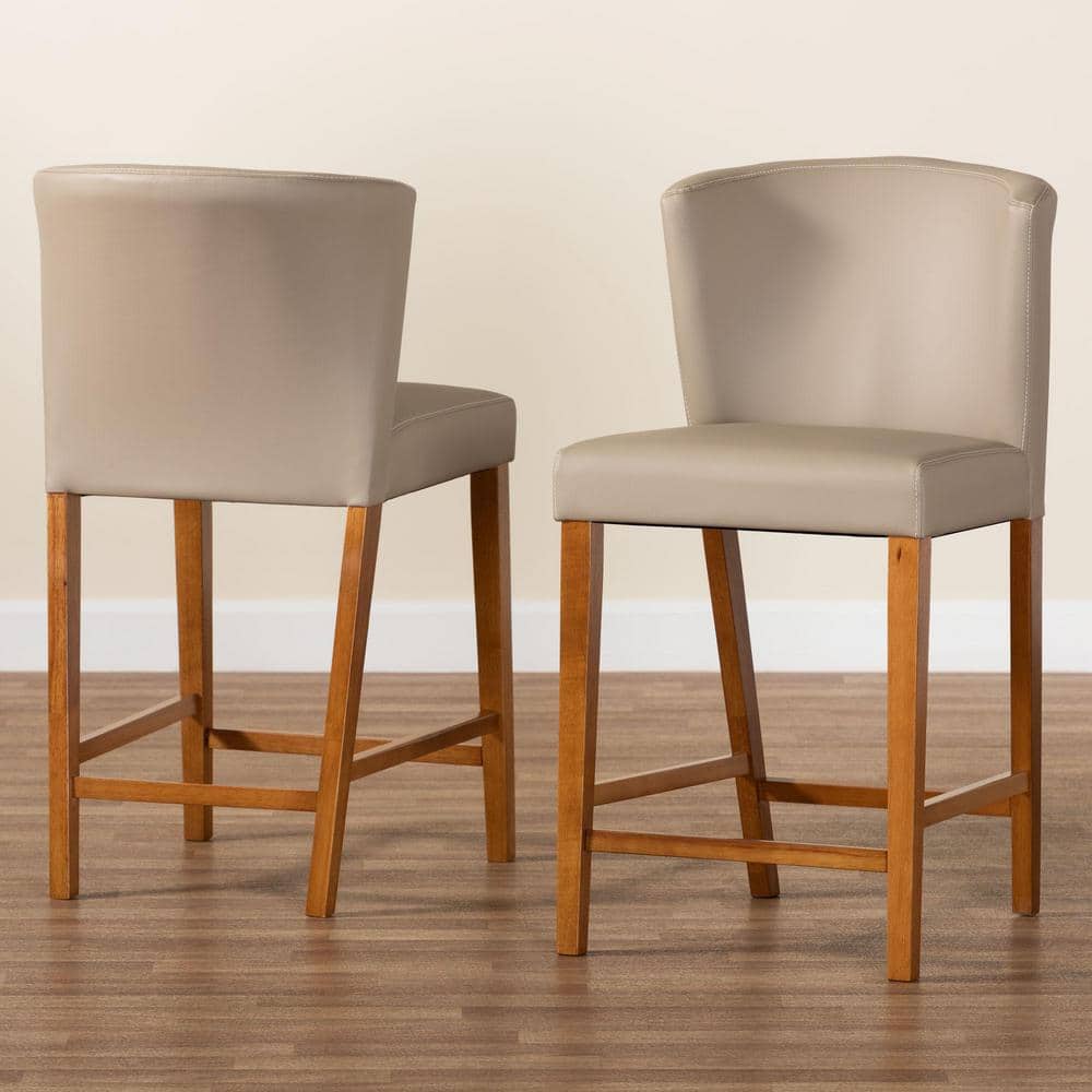 Mid-Century Modern Walnut Wood & Grey Faux Leather Pub Stools (Set of 2)